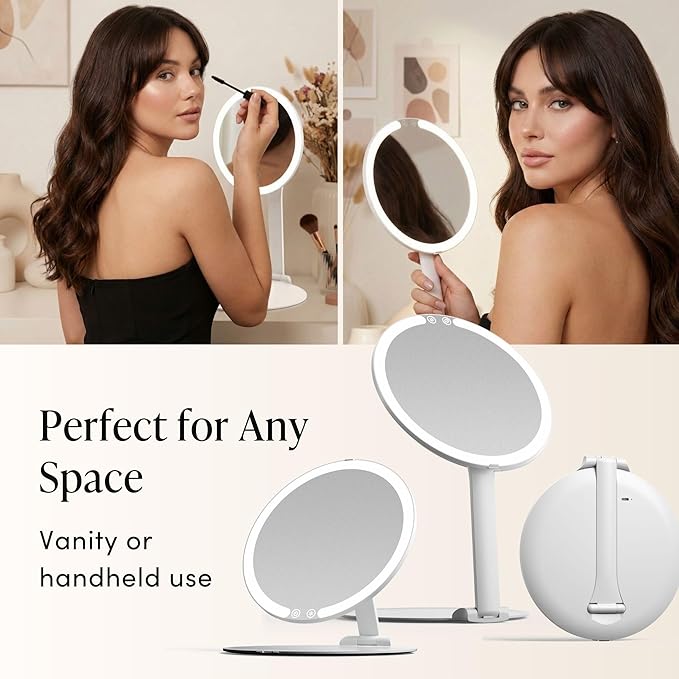 Fancii Abigail Rechargeable Travel Makeup Mirror with LED Light, 8" Foldable Stand, 3 Color Lighting Travel Mirror. Dimmable & Lightweight Portable Vanity Mirror, Beauty Travel Essential