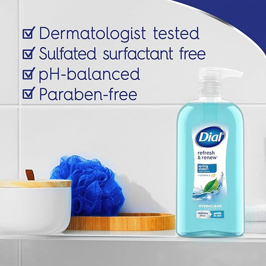 Dial Body Wash, Refresh & Renew Spring Water, 23 Fl Oz (Pack of 3), Hydraclean Complex & Vitamin E, Gentle, Leaves Skin Feeling Nourished, Dermatologist-Tested, No Parabens & Sulfates