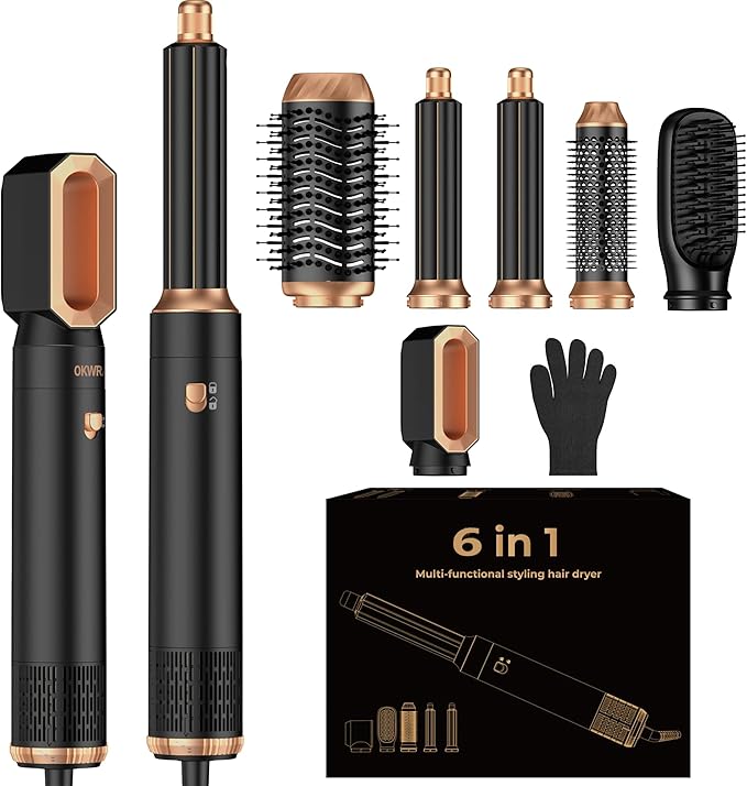 6 in 1 Blow Dryer Brush Set,Hot Air Styler Negative Ion Air Curling Wrap Air Curler, Round Brush Blow Dryer Curling Iron Hair Styling Tools Gift for Dry,Volumize, Straight,Curl,100-120V