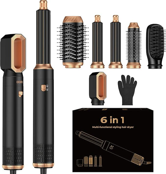 6 in 1 Blow Dryer Brush Set,Hot Air Styler Negative Ion Air Curling Wrap Air Curler, Round Brush Blow Dryer Curling Iron Hair Styling Tools Gift for Dry,Volumize, Straight,Curl,100-120V