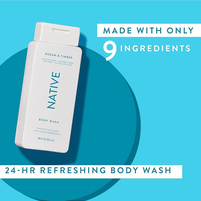 Native Body Wash Contains Naturally Derived Ingredients | For Women & Men, Sulfate, Paraben, & Dye Free Leaving Skin Soft and Hydrating | Ocean & Timber 18 oz