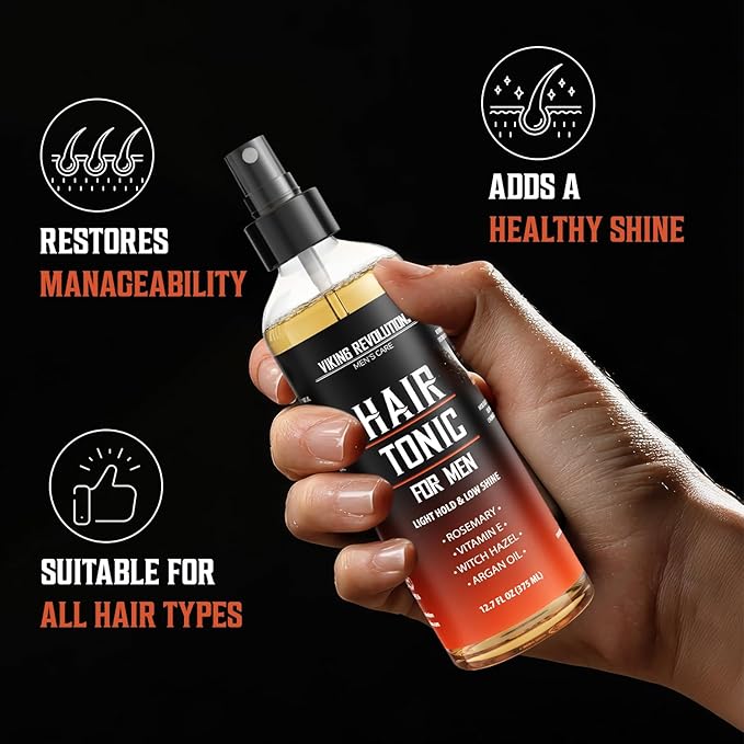 Viking Revolution Hair Tonic Men (12.7oz) - Hair Spray for Men with Sandalwood Scent - Texture Spray with Rosemary, Argan Oil, and Witch Hazel - Light Hold and Low Shine for Styling and Grooming