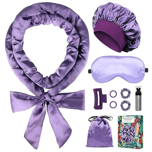 Satin Heatless Curls Overnight Hair Curlers to Sleep In Hair Curler Rollers No Heat Hair Wrap for Curls Headband, 70" Satin Heatless Curling Set for Women Long Waves Hair Volume -Purple 10 PCS