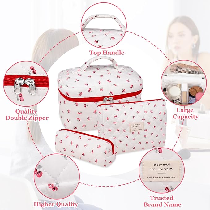 3pc Makeup Bag Set, Quilted Makeup Bag Set, Large Floral Cosmetic Bag for Women, Cute Cotton Makeup Bags, Flower Travel Toiletry Organizer Bag (Pink Cherry Flowers)