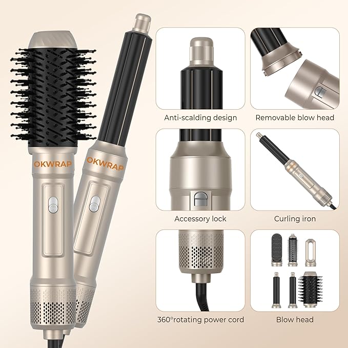 6 in ONE Blow Dryer Brush,Air Curling Iron Round Brush Blow Dryer 800W,Ionic Hair Dryer Brush for Women, Hot Air Brush Hair Styling Tools 100-120V