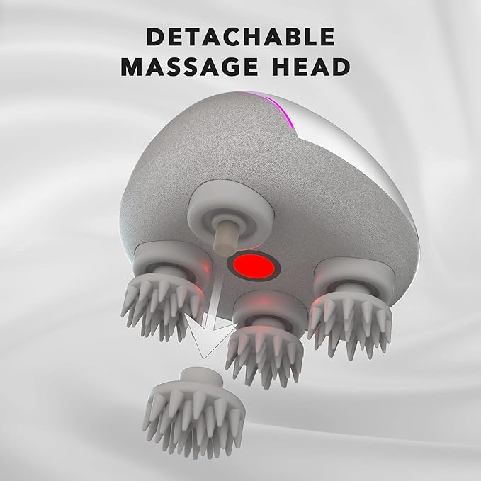 Breo Portable Mini Scalp Massager – IPX7 Waterproof Rechargeable Head Massager for Scalp Relax, Stress Relief Tool with Bamboo Wood Charging Base, Removable Massage Nodes (Silver with Base)