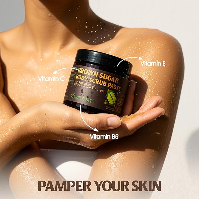 Exfoliating Brown Sugar Body Scrub with Coconut Shreds, Vitamins C, E & B5 – Softens & Refreshes Look of Skin – 8.8 oz