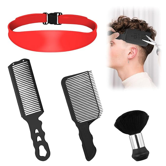 Fade Comb for Men-4PCS Fade Guide for Men Haircut Kit Includes Silicone Haircut Band,Barber Comb and Hairdressing Brush,Self Hair Cutting Tools for Home & Salon Use(Red Hairband)