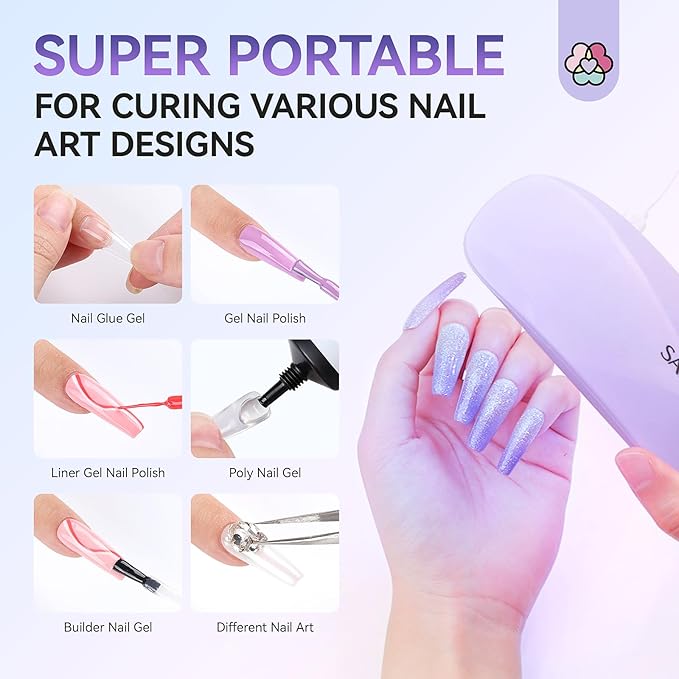 SAVILAND SSPro X Gel U V Nail Lamp for Gel Polish: 12W Mini Portable LED Light Fast Curing 2 Timers Flash Cure Lamp USB Interface Folding Design Personal Manicure Home Travel Use U V Light Purple