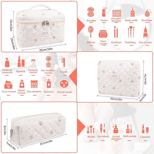 Makeup Bag Set, Quilted Makeup Bag, Large Floral Cosmetic Bag for Women, Cute Cotton Makeup Bags, Flower Travel Toiletry Organizer Bag (Rose Plaid Pattern)