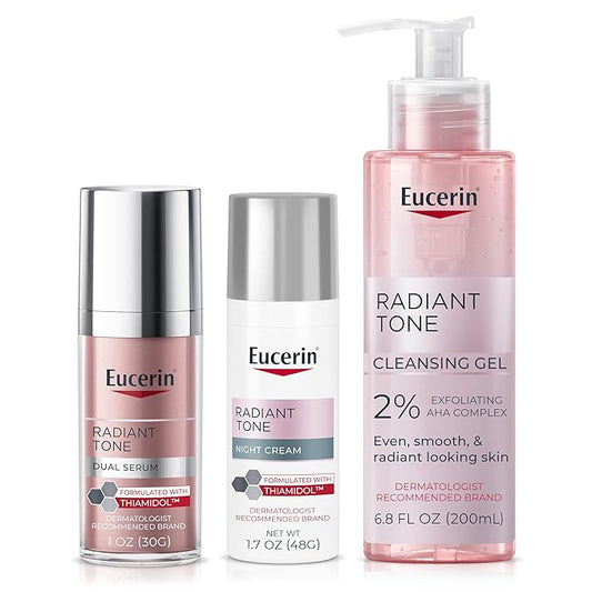 Eucerin Radiant Tone Dual Serum Dark Spot Corrector, Serum with Thiamidol and Hyaluronic Acid + Face Cleanser Gel with 2% Exfoliating AHA Complex + Night Cream, Dark Spot Corrector with Thiamidol