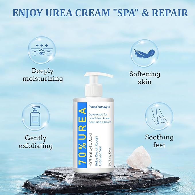 10.1 Oz - Urea Cream 70% plus Salicylic Acid 2% for Dry Cracked Feet, Heels, Knees, Elbows and Hands, Moisturizes, Softens and Removes Calluses Dead Skin