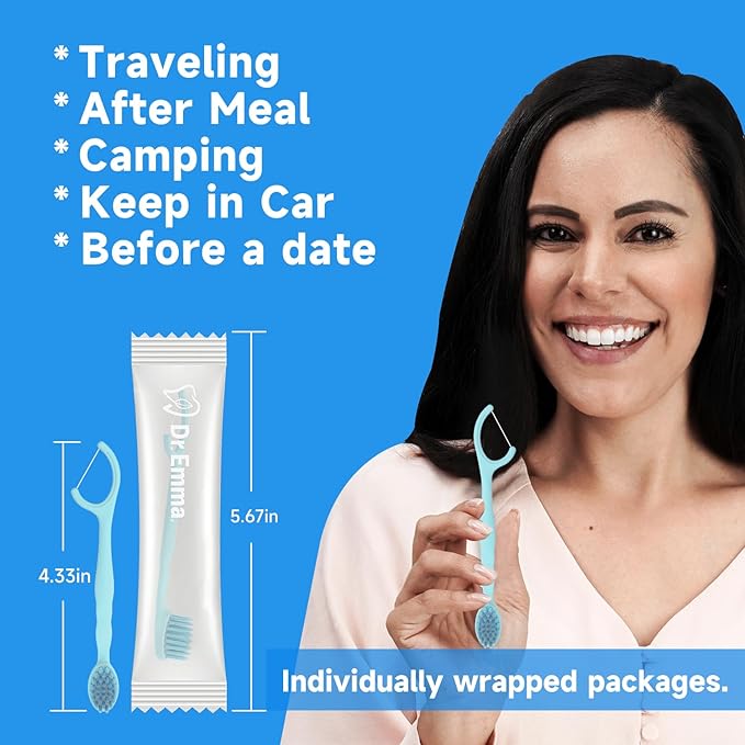 Dr. Emma Mini Brush Disposable Toothbrushes with Floss, Travel Mint Toothbrush for On-The-Go Use, 24 Packs Individually Wrapped Small Portable Toothbrush, Blue