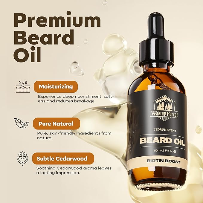 Waking Forest Cedar Beard Oil for Men - Biotin Mustache Oil with Vitamin E, Rosemary & Castor - Beard Care Softener, Strengthens, and Moisturizes - Beard Conditioner (2 oz)