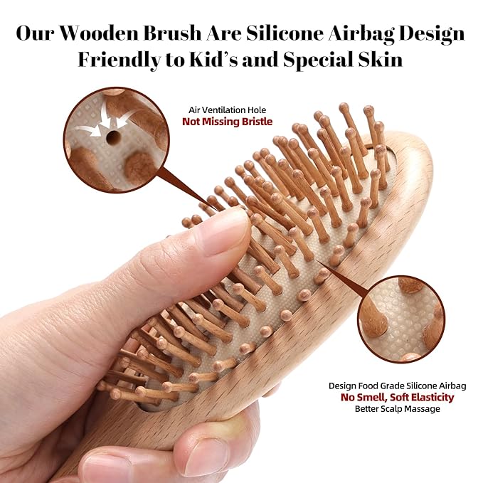 3PCS Solid Wooden Hair Brush and Small Wood Comb, Detangling Brush with Natural Bristles, Portable Scalp Massage Kit for All Hair Types, Wood Haircare Gift for Women/Men