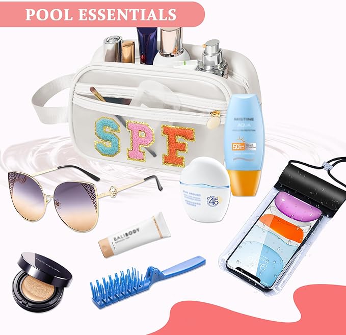 COSHAYSOO Clear SPF Makeup Bag Sunscreen Zipper Pouch Waterproof Toiletry Chenille Letter Purse, Summer Beach Vacation Essentials Stuff Preppy Travel Trip Easter Birthday Gifts for Women Teens