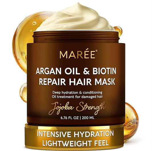 MAREE Deep Conditioning Hair Mask for Damaged Hair – Argan Oil & Biotin Jojoba Hair Treatment – Hair Repair Mask for Dry, Curly, Frizzy Color-Treated Hair Care – Mascarilla Para el Cabello Hidratante