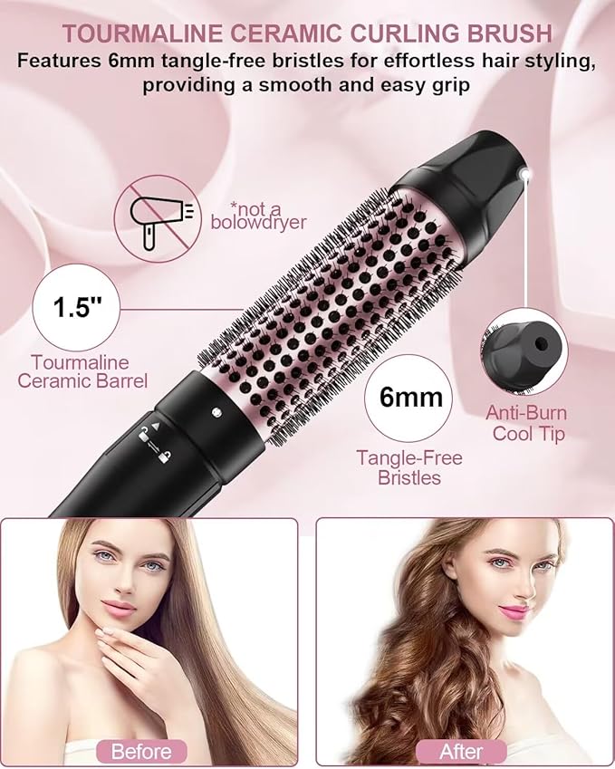 6 in 1 Curling Iron, Curling Wand Set with Thermal Brush (1.5inch) & 1inch Bubble Wand Curler and 3 Interchangeable Ceramic Barrel (0.35"-1.25"), Instant Heat Up with Comb & Protective Glove & 2 Clip