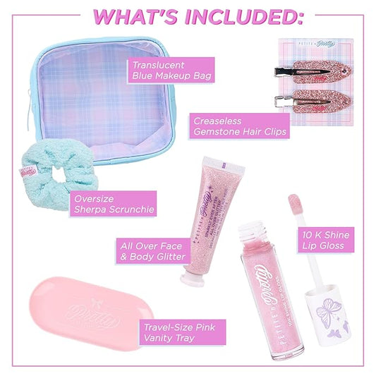 Petite N Pretty Get Ready with Me Essentials Set - Sparkly Ever After All Over Glitter (Mini Size), Makeup Tray, Scrunchie & Hair Accessories (Duck Clips), Makeup Bag for Girls, Teens, and Tweens