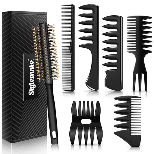 Men's Hair Styling Combs and Brush Set - Roller Brush for Adding Volume, Pompadour, Slicked-back, Fauxhawk, Undercut Styling Combs