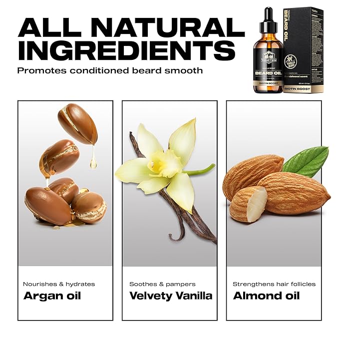 Waking Forest Vanilla Beard Oil for Men 60 ml - Biotin Mustache Oil with Vitamin E, Rosemary & Castor - Beard Care Softener, Strengthens, and Moisturizes - Beard Conditioner (2 oz)