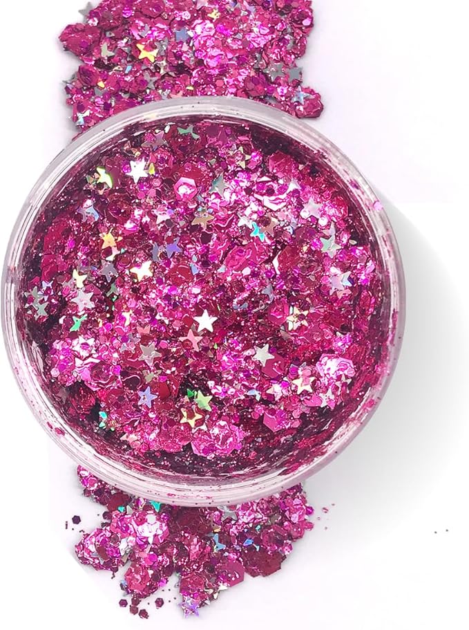 Cosmic Pink & Siver Stars - Holographic Body Glitter Gel for Body, Face, Hair - Vegan & Cruelty Free - Electric Bliss Beauty (Cosmic Pink)