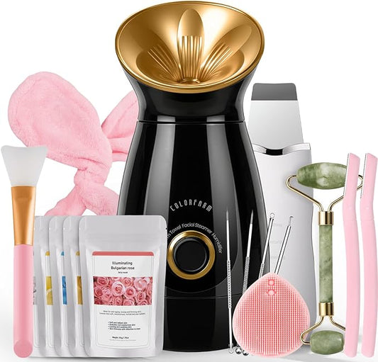 Colorfarm Facial Steamer Nano Ionic: Face Steamer Home Spa Kit Deep Cleaning Unclogs Pores Sinuses Inhaler with 8 Skin Care Tools - Relaxing Self Care Skincare Beauty Gifts for Women (Black Gold)