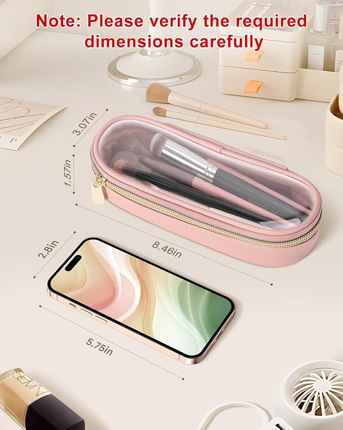 Clear Travel Makeup Brush Holder, Leather Makeup Brush Toiletry Bag, Portable Cosmetic Brush Case, Transparent Waterproof Makeup Brush Storage Bag, Pink, Large