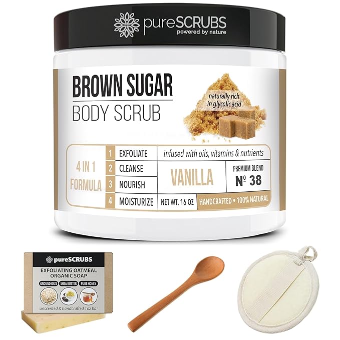 pureSCRUBS Premium Vanilla Brown Sugar Scrub | Face, Feet & Full Body Scrub | Large 16oz Jar Includes Wooden Spoon, Loofah & Mini Exfoliating Bar Soap