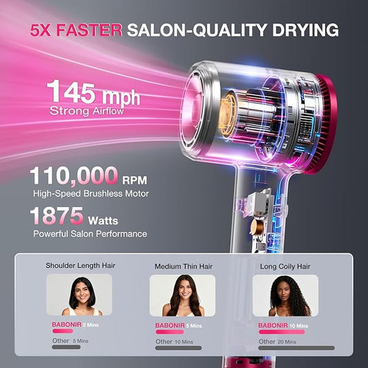 High-Speed Hair Dryer 110,000 RPM, 1875W Ionic & Plasma Blow Dryer with Diffuser, Concentrator & Comb, 550 Million Ionic Hairdryer with Cool Shot, Low-Noise CompactPro Travel & Salon – Gray