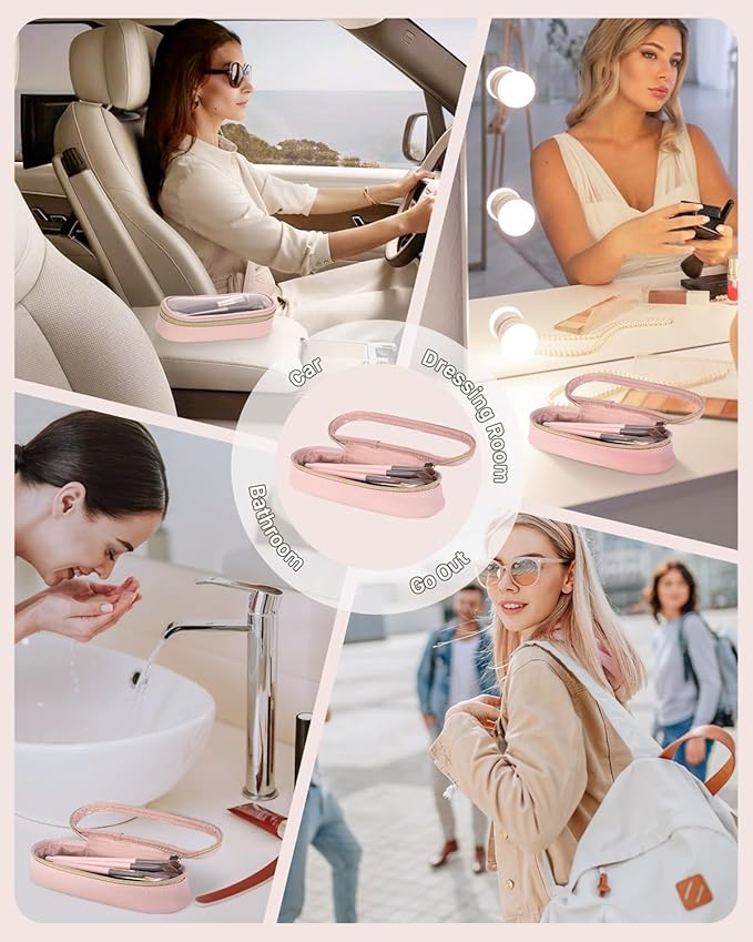 Clear Travel Makeup Brush Holder, Leather Makeup Brush Toiletry Bag, Portable Cosmetic Brush Case, Transparent Waterproof Makeup Brush Storage Bag, Pink