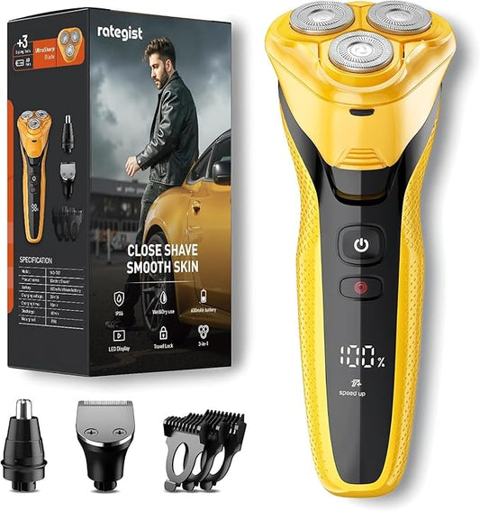 Rechargeable Electric Razor for Men: 3-in-1 Shaver for Beard/Nose/Sideburns - IPX7 Waterproof Travel Kit - Turbo Speed & Precision Blades,Cyber Yellow
