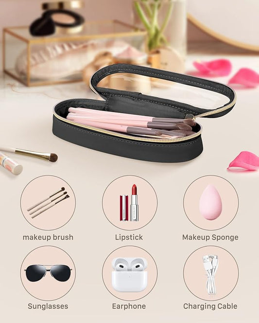 Clear Travel Makeup Brush Holder, Leather Makeup Brush Toiletry Bag, Portable Cosmetic Brush Case, Transparent Waterproof Makeup Brush Storage Bag, Black, Large