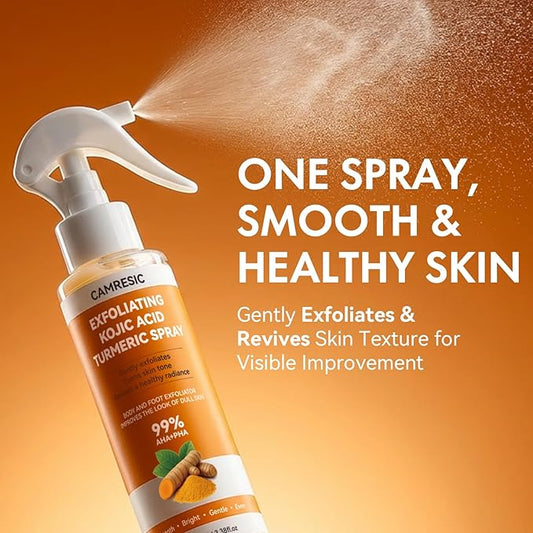 Keratin Care Kojic Acid Turmeric Exfoliating Body Spray with Soft Sponge — Brightening & Smoothing Peeling Solution for Rough, Dull Skin, All Skin Types, 100ml