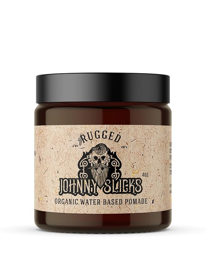Johnny Slicks Water Based Pomade | Strong Hold, High Shine, All Organic Styling for Men | Promotes Healthy Hair Growth & Helps Hydrate Dry Skin (Rugged, 4 Ounce) US Made, Veteran Owned