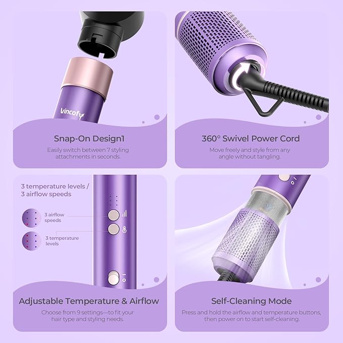 7 in 1 Blow Dryer Brush Set – Hot Air Styler for Fast Drying, Curling, Straightening & Volumizing – Ionic Hair Dryer Brush with 1200W Power – No Heat Damage for All Hair Types – Lilac