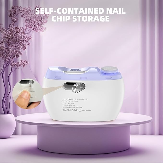 Electric Nail Clipper, Electric Nail Trimmer Suitable for Children, Adults, and Elderly, Automatic Nail Clipper with 2 Adjustable Speeds, Nail Clippers with LED Light and Chip Storage Box, Purple-005