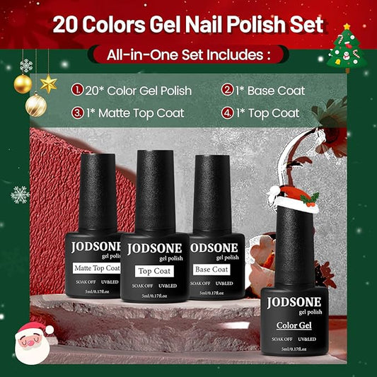 JODSONE Gel Nail Set 20+3 Colors High Shine Gorgeous Gel Polish Base Top Matte Coat Nice Gifts Show Charm