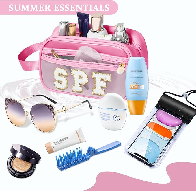 COSHAYSOO Clear Sunscreen Bag Makeup Toiletries Pouch Beach Vacation Essentials Summer Travel Stuff Accessories Personalized Graduation Gifts for Her Women College Teen Girls Teacher Nurse Pink SPF