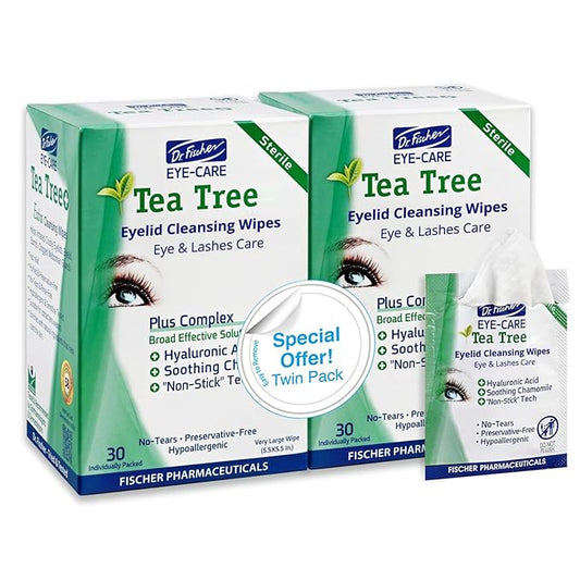 Dr. Fischer Tea Tree Oil Eye Wipes - Eyelid Wipes for Sensitive Eyes with Hyaluronic Acid and Chamomile, Makeup Remover, Daily Cleanser (60 wipes)