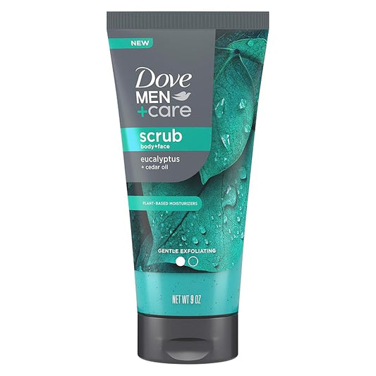 DOVE MEN + CARE Body and Face Scrub Eucalyptus Deeply Exfoliates for Hydrated & Nourished Skin 100% Gentle Cleanser, No Sulfate Cleansers or Parabens 9 oz
