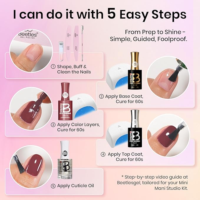 Beetles Stay Shining 23 Pcs Gel Nail Polish Kit with UV Light,, 12 Color Nail Manicure Studio Kit Cozy Elegance and Base Gel Glossy &Matte Top Coat Cuticle Oil & Nails Tools, DIY Salon-Quality at Home