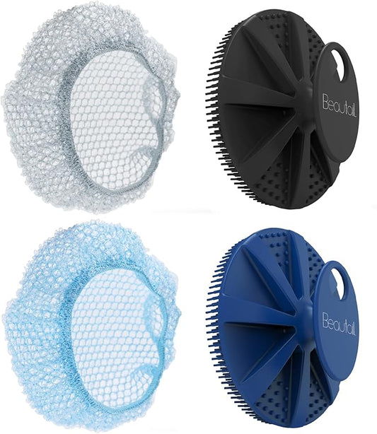 Silicone Body Scrubber & Scrub Nets, BEAUTAIL 4 Pack – Rich Foam and Exfoliation with Gentle Brush or Firmer Net Options – Hygienic, Durable, Easy to Clean – 2 Brushes (Black+Blue), 2 Nets (Gray+Blue)