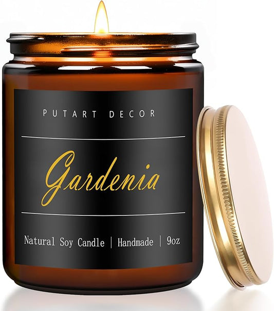 Gardenia Scented Candles for Home, 9oz Natural Soy Wax Aromatherapy Organic Santal Candle for Stress Relief, Long Burning & Lasting Jar Candle Gifts for Birthday, Housewarmings, Thanksgiving