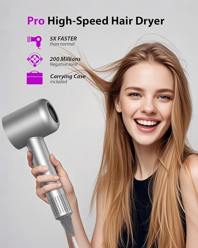 Hair Dryer with Carry Case, 160000 RPM Professional High-Speed Ionic Blow Dryer 200 Millions Negative Ionic & 3 Speeds & 3 Teamps & Low Noise, Hairdryer with Diffuser for Faster Drying, Gray