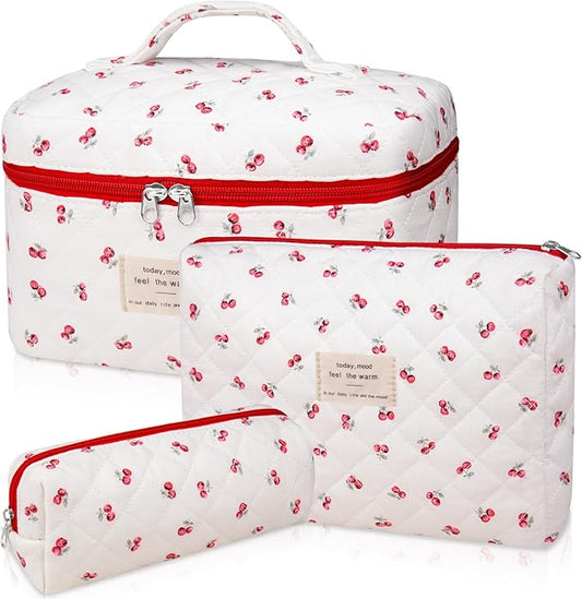 3pc Makeup Bag Set, Quilted Makeup Bag Set, Large Floral Cosmetic Bag for Women, Cute Cotton Makeup Bags, Flower Travel Toiletry Organizer Bag (Pink Cherry Flowers)