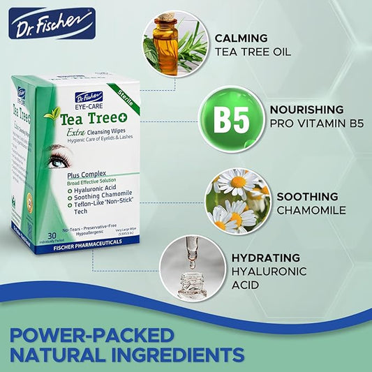 Dr. Fischer Tea Tree Oil Eye Wipes - Eyelid Wipes for Sensitive Eyes with Hyaluronic Acid and Chamomile, Makeup Remover, Daily Cleanser (30 wipes)