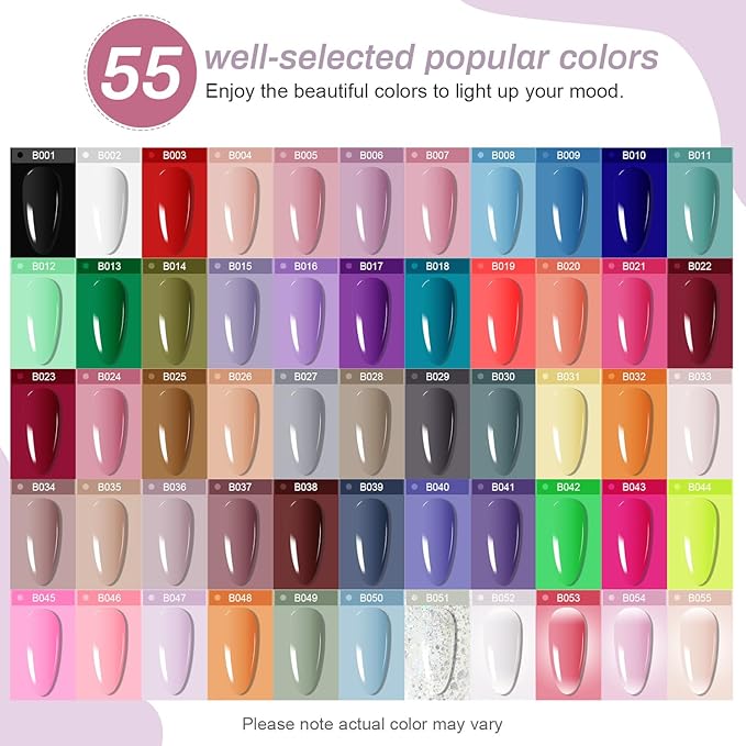JODSONE Gel Nail Polish Kit 60 PCS with U V Light Soak off Base Top Coat 55 Shine Colors Gel Nail Kit Bright and Dark Brown Wine Red Series Manicure Set for Women and Girls