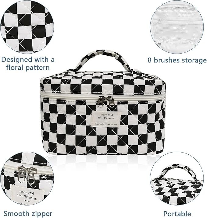Large Makeup Bag, Cute Cosmetic Bag for Women Girls, Floral Coquette Aesthetic Toiletry Bag, Travel Make Up Organizer Bag (Black Checkered)