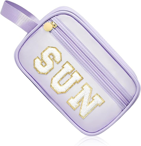 COSHAYSOO Clear Sunscreen Bag Makeup Toiletries Pouch Beach Vacation Essentials Summer Travel Stuff Accessories Personalized Graduation Gifts for Her Women College Teen Girls Teacher Nurse Purple SUN